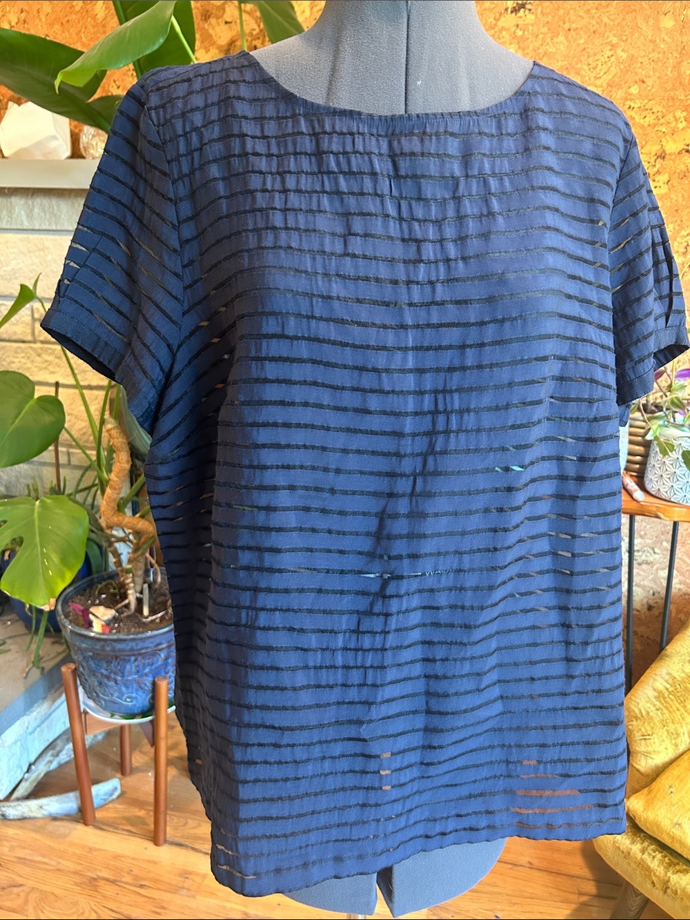 Navy Short Sleeve Striped Blouse with Sheer + Cotton stripped pattern
